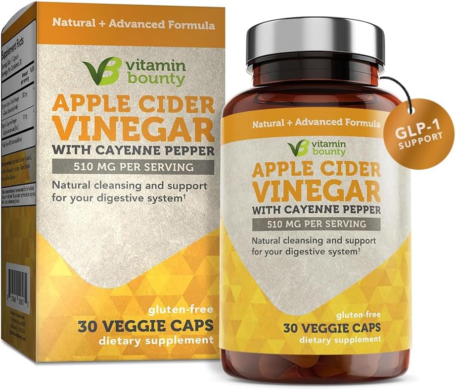 Vitamin Bounty Apple Cider Vinegar Capsules – ACV with The Mother + GLP-1 Support – Detox, Bloating Relief & Appetite Suppressant – Non-GMO, Vegan, 60 Capsules