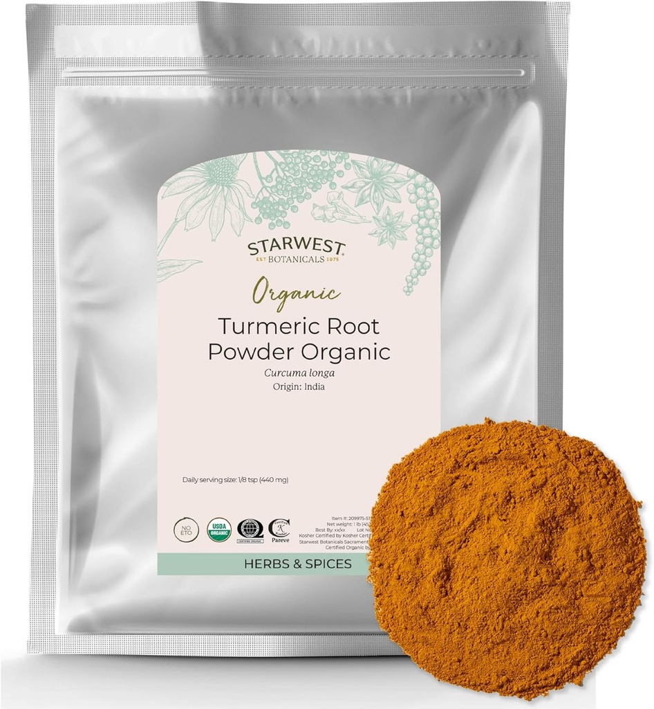Starwest Βοτανικές οργανικές τύρμες εδάφους Root Powder - Curcumin Spice για μαγείρεμα & καρύκευμα, φυσική πηγή αντιοξειδωτικών, ανοσοποιητική υποστήριξη, Certified Kosher, μη-GMO - Bulk 1 lb τσάντα