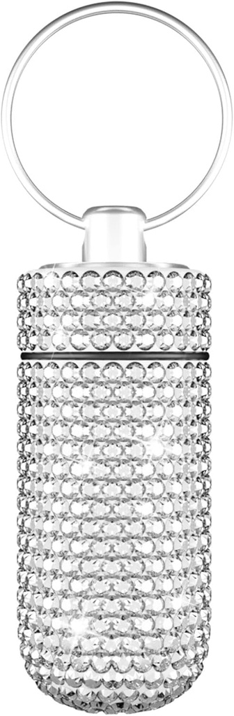 Yuchew Bling Pill υπόθεση Χάπια εμπορευματοκιβωτίων Rhinstone Pill Box Φορητό Αδιάβροχο Pocket Hill Holder Storage Bottle with Keychain for Travel, Outdoor, Camping (Silver)