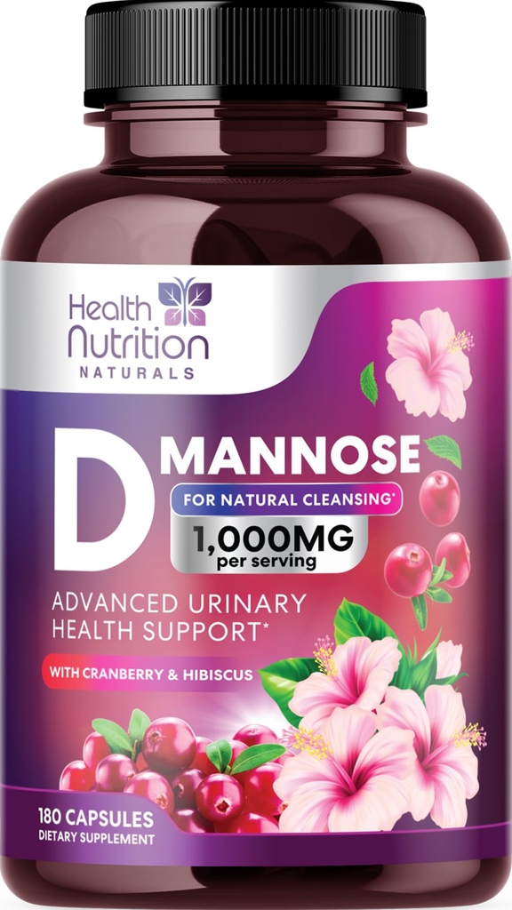 D-Mannose Supplement - 1,000mg D Mannose Per Serving with Cranberry, Hibiscus & Dandelion - Fast-Acting, Natural Urinary & Bladder Support for Women & Men – Flush & Cleanse Impurities – 180 Capsules