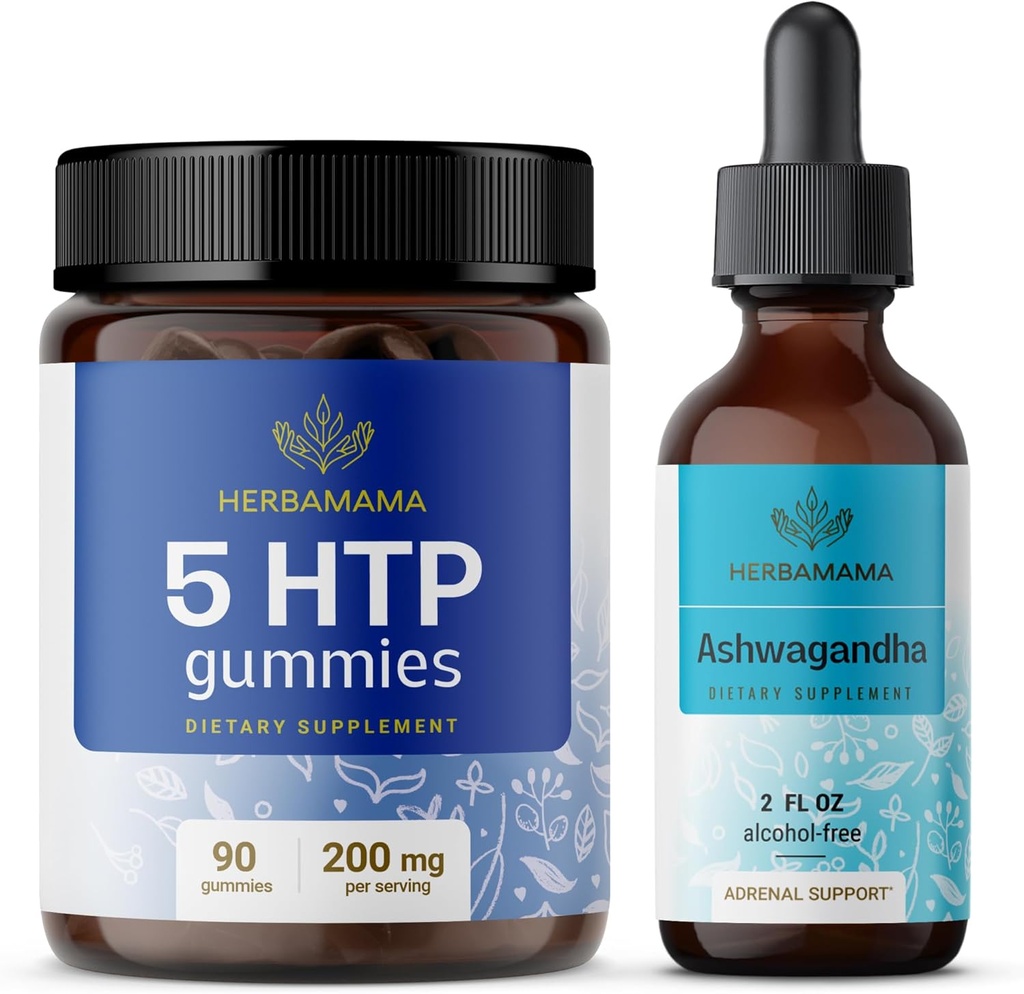 HERBAMAMA 5-HTP and Ashwagandha Kit - Bundle of 200 mg 5-Hydroxytryptophan Gummies & Ashwagandha Liquid Drops 2 fl oz - Vegan, Non-GMO, Alcohol & Gelatin-Free - 2 Pack