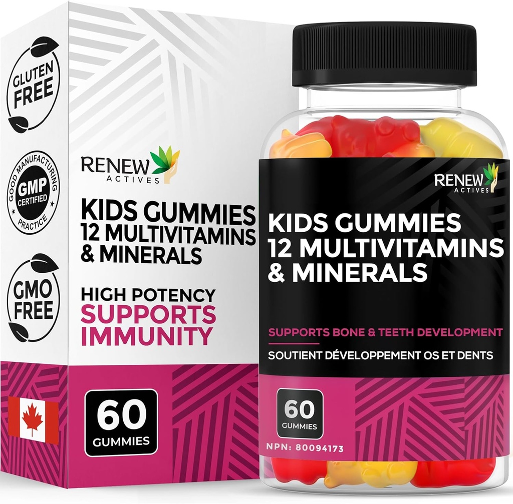 Renew Actives Kids Multivitamin 4 Gummies per Serving – Υποστηρίζει την υγεία, τα μαλλιά, το δέρμα, τα νύχια, την όραση, τα δυνατά οστά, δόντια & τσίχλες – Νόστιμα & θρεπτικά συστατικά-Πλούσια για την ανάπτυξη παιδιών – Made in Canada – 60 Gummies