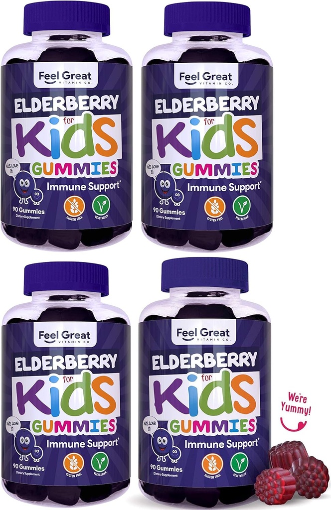 Feel Great Kids Elderberry Gummies with Zinc and Vitamin C (4-Pack) | Kids Immune Support Sambucus Elderberry Gummies | Berry Flavored Vegan Kids Multivitamins | 90 Gummies per Bottle