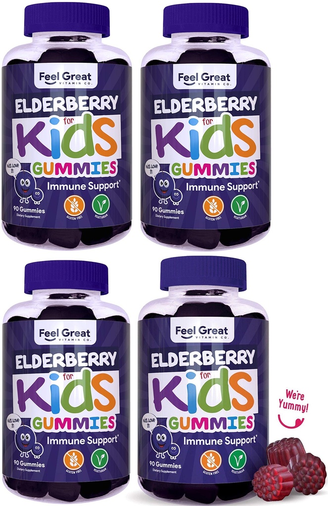 Feel Great Kids Elderberry Gummies with Zinc and Vitamin C (4-Pack) | Kids Immune Support Sambucus Elderberry Gummies | Berry Flavored Vegan Kids Multivitamins | 90 Gummies per Bottle