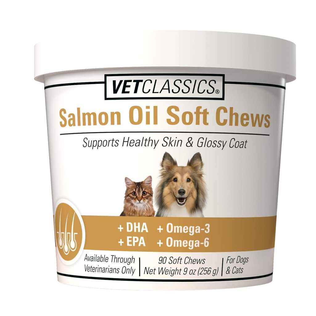Vet Classics Salmon Oil Pet Supplement for Healthy Skin, Glossy Coats – Dog Coat Supplement, Cat Skin Supplement – Περιλαμβάνει Omega-3, 6, 9, Source of DHA, EPA – Μαλακά μάσημα 90 Ct.