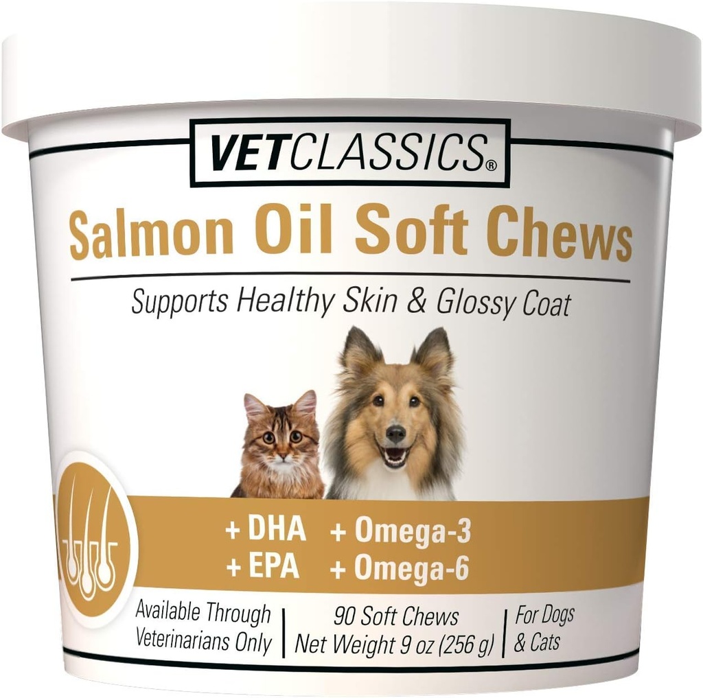 Vet Classics Salmon Oil Pet Supplement for Healthy Skin, Glossy Coats – Dog Coat Supplement, Cat Skin Supplement – Περιλαμβάνει Omega-3, 6, 9, Source of DHA, EPA – Μαλακά μάσημα 90 Ct.