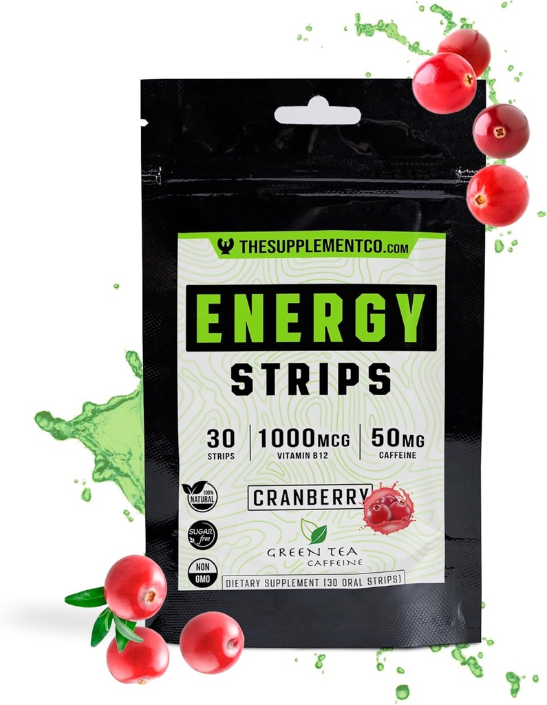 Energy Strips - 50 Mg Caffiene - Γρήγορη απορρόφηση 100% Όλα τα φυσικά Formula - Cranberry Flavor - 30 Strips -