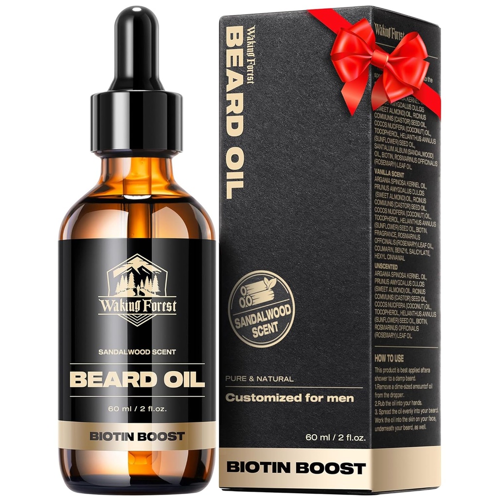 Ξυράφι Δάσος Beard αυξητικό Έλαιο - Biotin Sandalwood Oil με βιταμίνη Ε, δεντρολίβανο & κάστορα για Thicker, μαλακότερο, ισχυρότερη γεννήτριες (2oz)