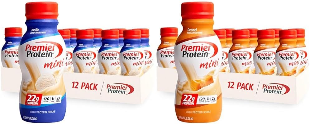 Premier Protein Shake MINIs Vanilla & Caramel Flavors, 22g Protein, 120 Calories, 1g Sugar, 8.75fl oz, Packs of 12