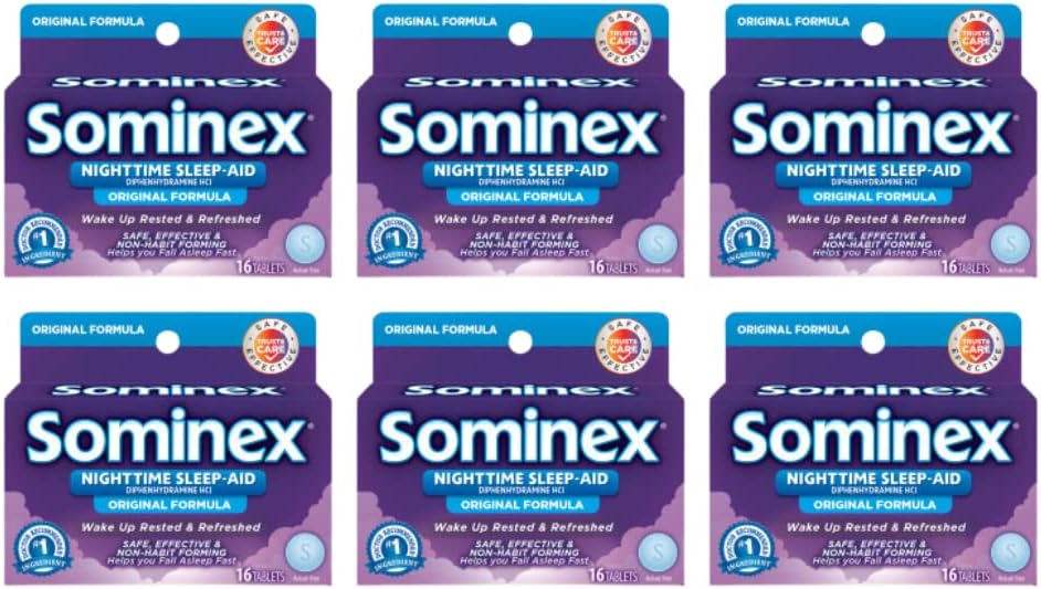 Sominex Nighttime Sleep- Aid με διφαινυδραμίνη HCl 25 mg, Original Formula, 16 δισκία, (Pack of 6)