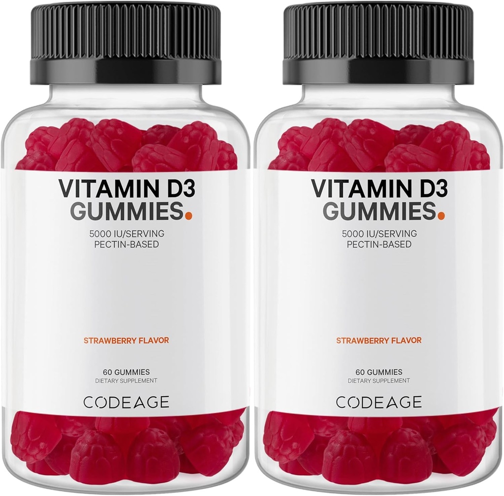 Codeage Βιταμίνη D3 Gummy Βιταμίνες, Βιταμίνη D3 5000 IU Gummies Cholecalciferol 125 mcg, Μαλακή Πηκτίνη με βάση, Ζώα Ζελατίνη-ελεύθερο Gummy, Gummy Βιταμίνες, Νόστιμες Φράουλα, Μη ΓΤΟ - 2-Pack
