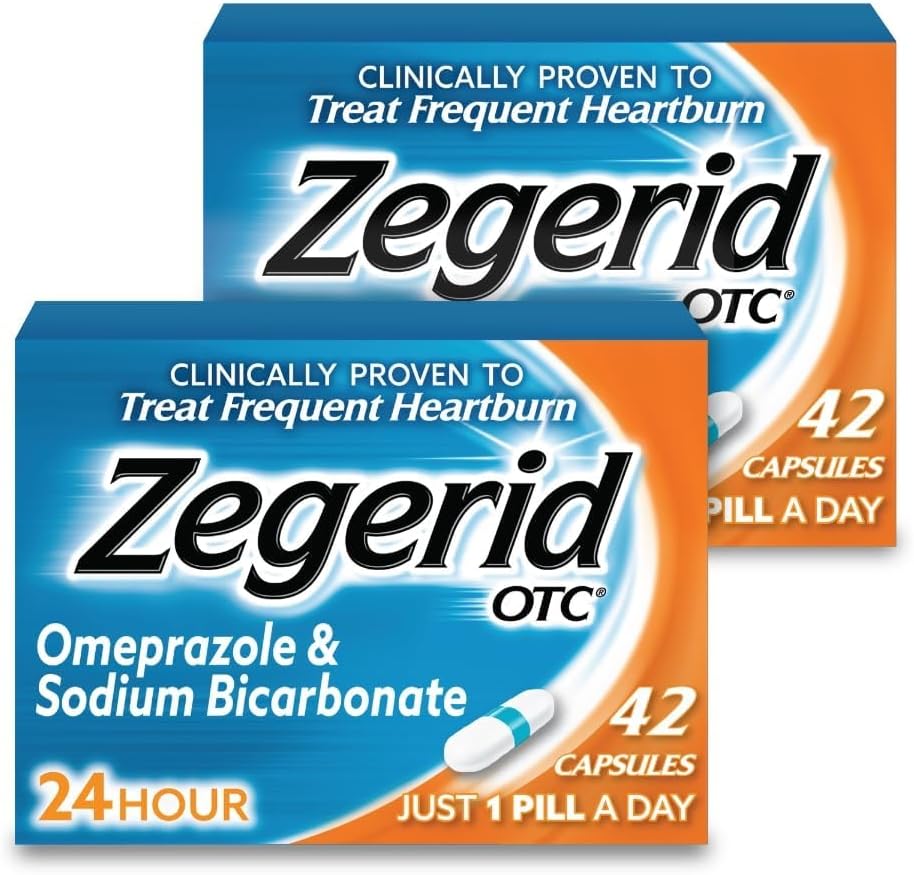 Zegerid OTC, Omeprazole Plus Sodium Bicarbonate, 24 Hour, Proton Pump Inhibitor (PPI), Heartburn Medicine, Acid Reducer, Two 42ct Cartons