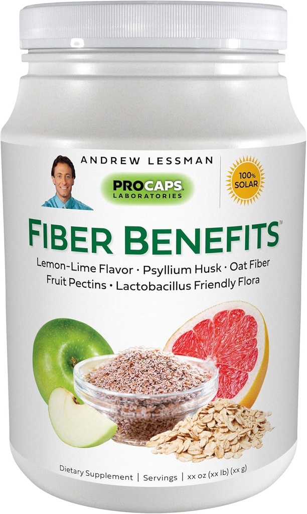 ANDREW LESSMAN Fiber Οφέλη σε σκόνη 60 Σερβιέτες - Λεμόνι-Lime, Απαλό, Φυσικό Διαλυτό / Αδιάλυτο Fiber, Προάγει την Αυθαιρεσία, Καθαρισμός. Πιπέρι Psylium, βρώμη, μήλο, γκρέιπφρουτ, τσίχλα Guar, προβιοτικά