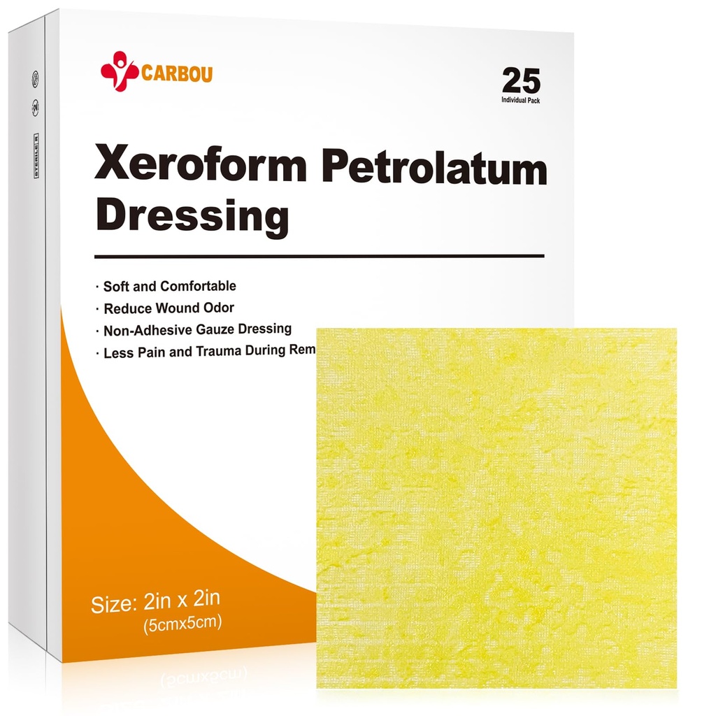 Carbou Medical Xeroform Petrolatum Dressing 2"x2", 25 Ατομικό πακέτο, μη-συγκολλητές πάνες Gauze, μαλακό λεπτό έμπλαστρο Gauze Patch για την περιποίηση τραύματος, εγκαύματα, εκσφενδονίσεις, επιδερμικές εγχύσεις & χειρουργικές τομές