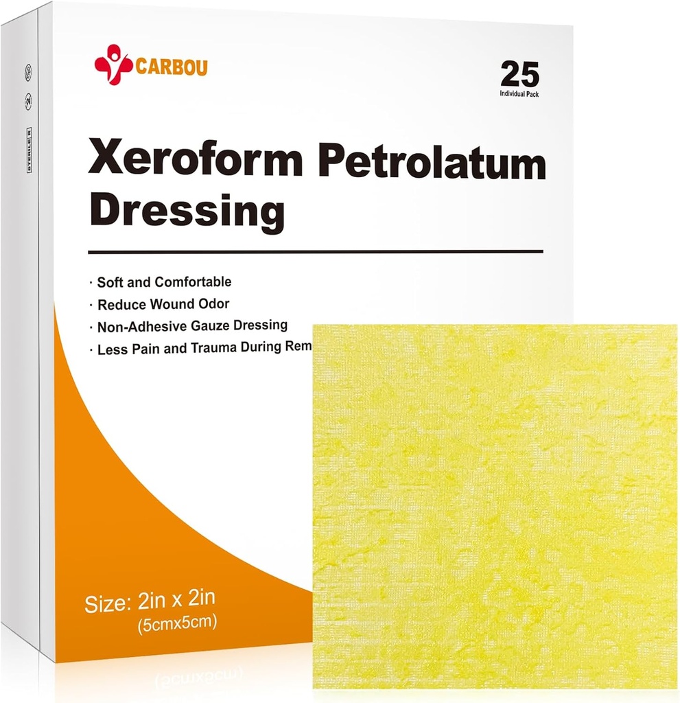 Carbou Medical Xeroform Petrolatum Dressing 2"x2", 25 Ατομικό πακέτο, μη-συγκολλητές πάνες Gauze, μαλακό λεπτό έμπλαστρο Gauze Patch για την περιποίηση τραύματος, εγκαύματα, εκσφενδονίσεις, επιδερμικές εγχύσεις & χειρουργικές τομές
