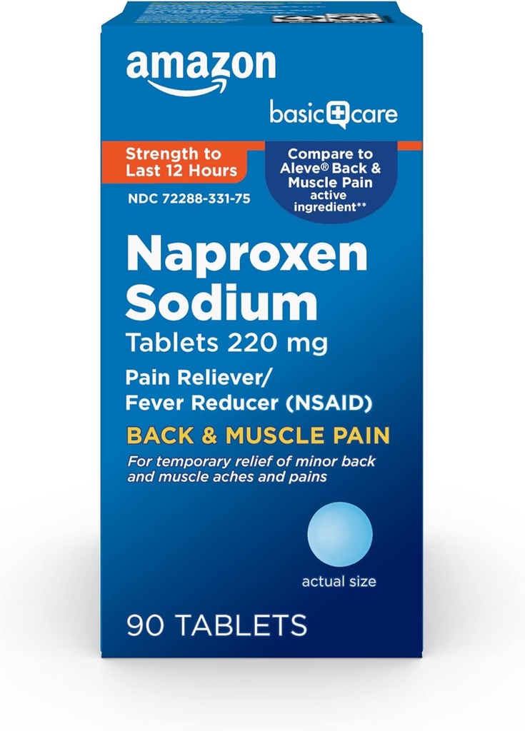   Basic Care Back and Muscle Pain, 220 mg, 12-Hour Pain Relief, Naproxen Sodium Tablets, Pain Reliever and Fever Reducer, 90 Count