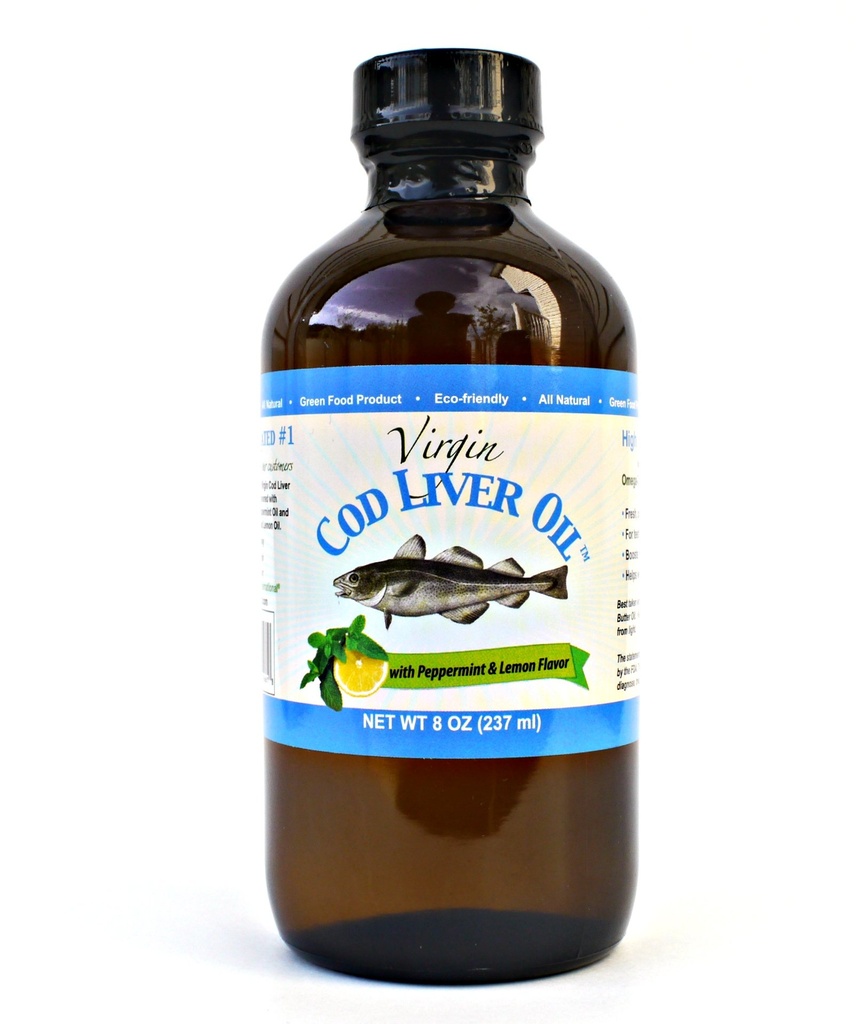 Virgin Cod Liver Oil - 8 Fl oz Natural, Με Βιώσιμη προέλευση, Άγρια Παγωμένη & φρεσκάδα. Υψηλή σε βιταμίνη D, Ωμέγα 3 DHA/EPA (Λεμονάδα και με γεύση μέντας)