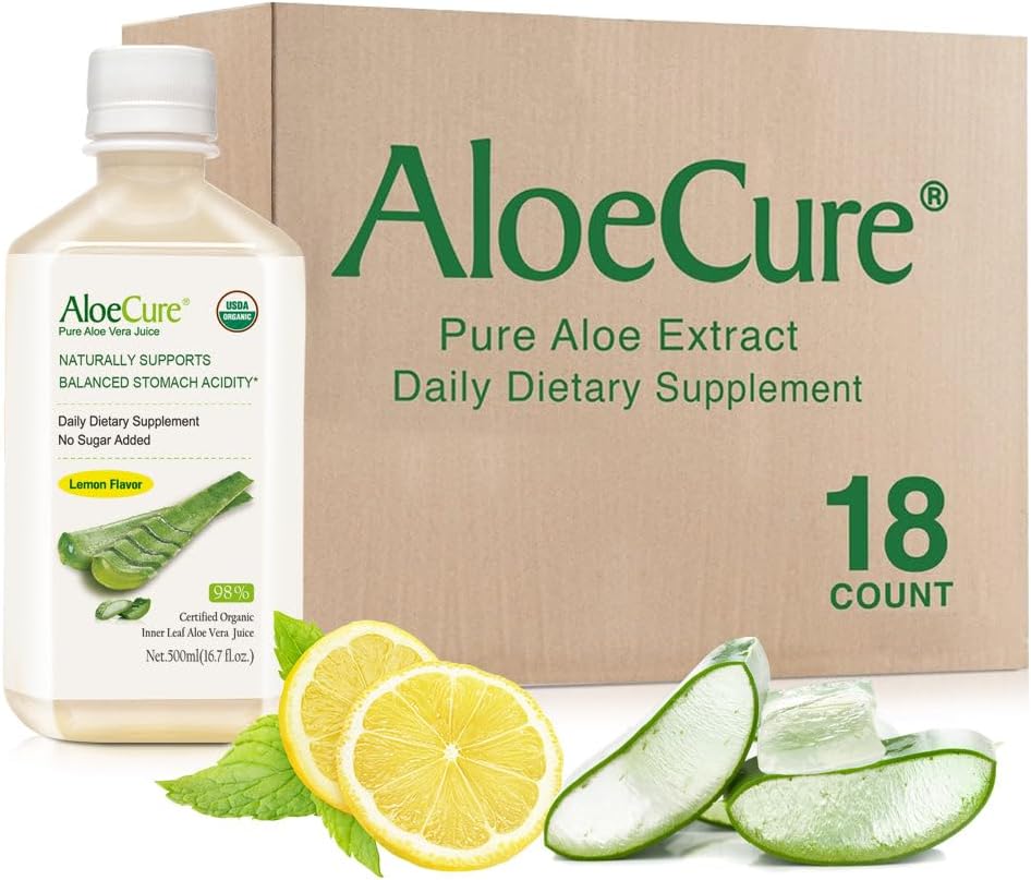 AloeCure USDA Organic Aloe Vera Juice Lemon Flavor - Κατασκευάζεται μέσα σε 12 ώρες από τη συγκομιδή - Φυσικό συμπλήρωμα πέψης για την ισορροπημένη οξύτητα στομάχου - Υποστήριξη Digestive και ανοσοποιητική υγεία, 18 Btls x 16,7oz