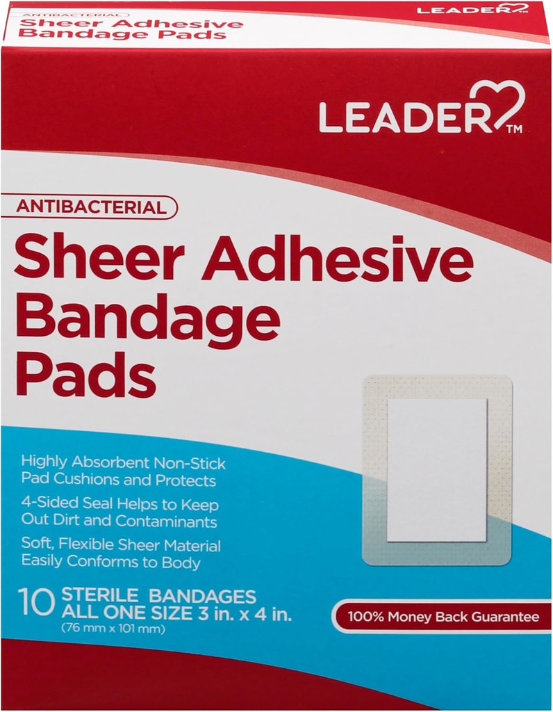 LEADER Sheer Adhesive Bandage Pads, Πακέτα με Δερμάτινα, Πολύ Απορροφητικά Μη Stick Pad, για Πρώτες Βοήθειες και Προστασία από Τραύματα, Σύγκριση με Band-Aid, Όλα ένα Μέγεθος 3/4" x 4", 100 ct.