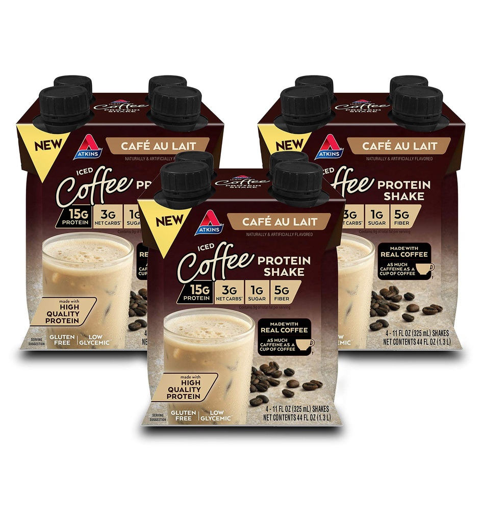 Atkins Café au Lait Παγωμένη πρωτεΐνη καφέ, υψηλή πρωτεΐνη Shake, χαμηλή ζάχαρη, χαμηλή υδατάνθρακες και χαμηλή ζάχαρη, Κέτο φιλικό, χωρίς γλουτένη, 12 κόμης