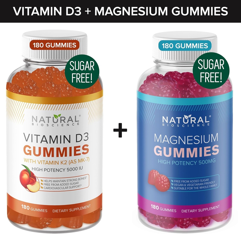 Χωρίς ζάχαρη Βιταμίνη D3 K2 Gummies (180 Gummies) και ζάχαρη χωρίς επιπλέον δύναμη Μαγνήσιο Gummies (180 Gummies), Βιταμίνη D3 Gummies 5000 IU+K2 MK7 80 mcg, Μαγνήσιο Κιτρικό Gummies 500 mg