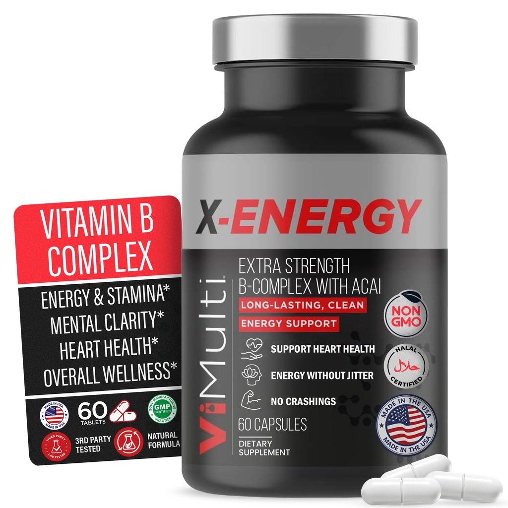 X-Energy Extra Strength B Complex με καφεΐνη & βιταμίνη B12 – Ενεργειακή υποστήριξη με B1, B2, B3 Νιασίνη, B6, Φολικό οξύ, Βιοτίνη, B5, Ταουρίνη, Ginseng, Rhodiola, Maca, Acai & Spirulina – 60 κάψουλες