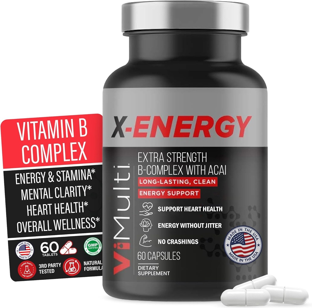 X-Energy Extra Strength B Complex με καφεΐνη & βιταμίνη B12 – Ενεργειακή υποστήριξη με B1, B2, B3 Νιασίνη, B6, Φολικό οξύ, Βιοτίνη, B5, Ταουρίνη, Ginseng, Rhodiola, Maca, Acai & Spirulina – 60 κάψουλες