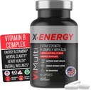 X-Energy Extra Strength B Complex with Caffeine & Vitamin B12 – Energy Support with B1, B2, B3 Niacin, B6, Folic Acid, Biotin, B5, Taurine, Ginseng, Rhodiola, Maca, Acai & Spirulina – 60 Capsules