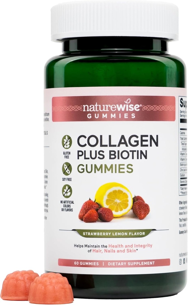NatureWise Collagen Gummies - Υδρολυμένα Κολλαγόνο Gummies - Τύπος 1 & 3 Πεπτίδια για τις γυναίκες + Βιοτίνη, Βιταμίνη C, E, & Ψευδάργυρος για το δέρμα των μαλλιών και τα νύχια Υποστήριξη - 60 Count[1-Month Supply]