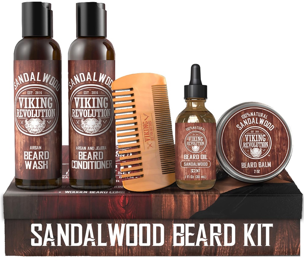 Viking Revolution Ultimate Conditioner for Men's Beard Grooming - Softens, Smoothes and Soothes Beard Itch- Περιέχει Wash, Conditioner, Oil, Balm και Comb- Sandalwood Slead