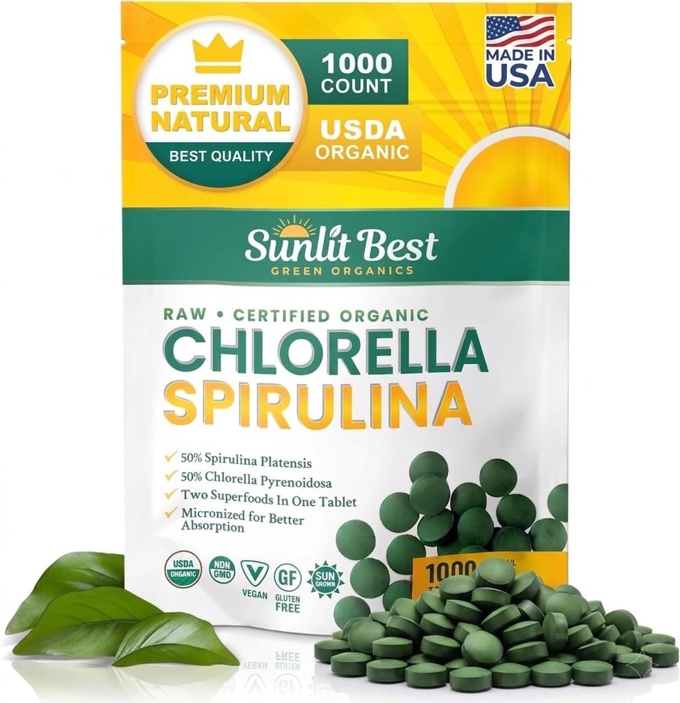 Sunlit Best Chlorella Spirulina Tablets - Organic USDA, Premium Spirulina και Chlorella Tablets 1000 Count - Sun Chlorella Pure Natural Superfood με Άλγη, Ένζυμα Χλωροφύλλης & Vegan Protein