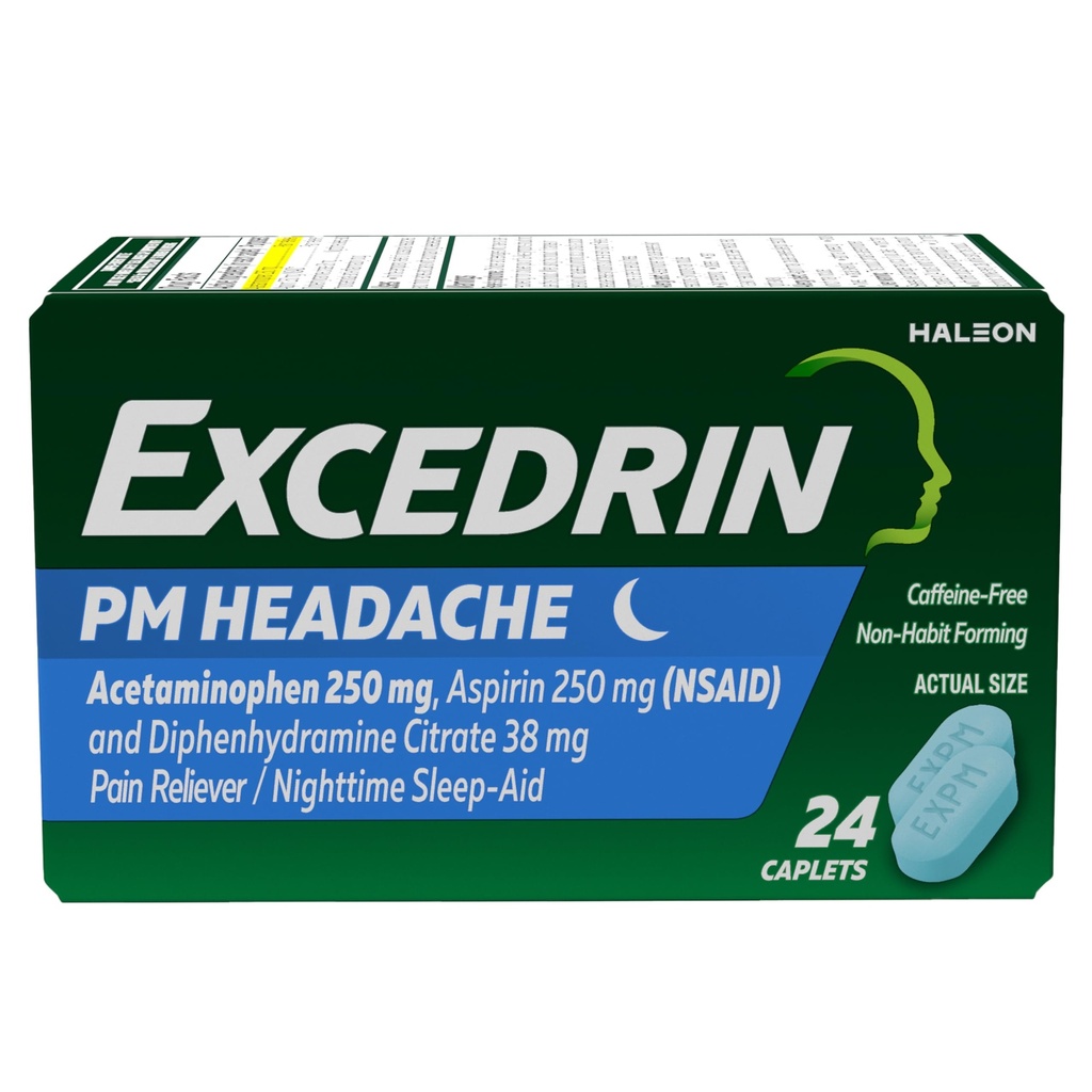 Excedrin PM για την ανακούφιση από τον πονοκέφαλο, Acetaminophen 250mg, Aspirin 250mg, Diphenhydramine Citrate 38mg, Pain Reliever, Nighttime Sleep-Aid, 24 Count