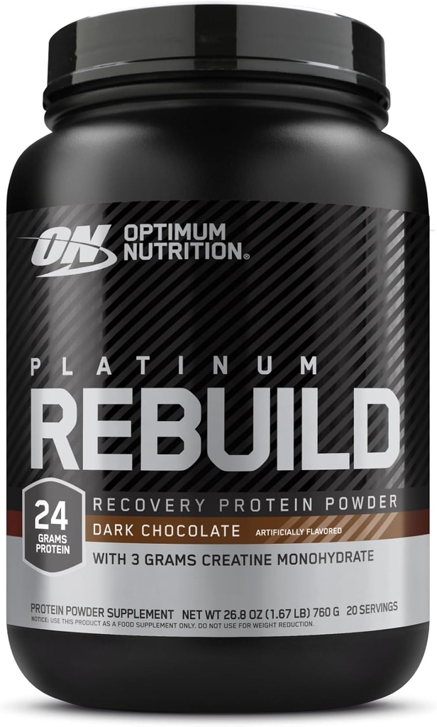 Optimum Nutrition Platinum Rebuild, Premium Platinum Blend Protein Powder με Creatine Monohydrate, Dark Chocolate, 20 μερίδες