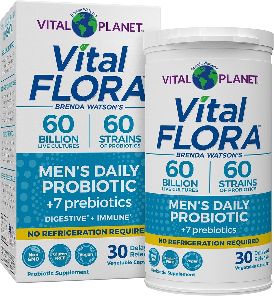 Vital Planet - Vital Flora Probiotics for Men, 60 Billion CFU, 60 Diverse Strains, 7 Organic Prebiotics, Ανδρική Καθημερινή Ράφια Σταθερό Προβιοτικό για Ανοσολογική Υποστήριξη, Αέριο Ανακούφιση, Digestive Health 30 Κάψουλες