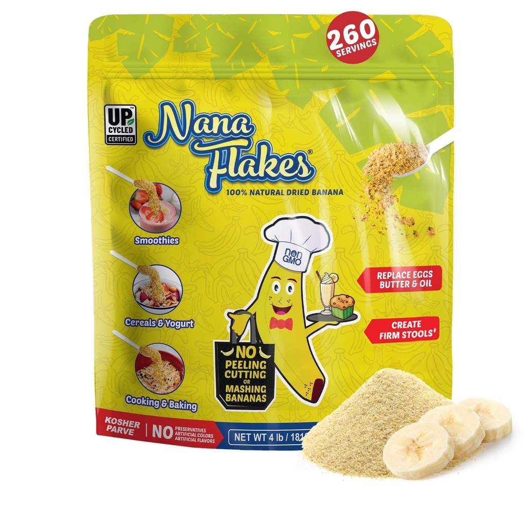 Nana Flakes 100% Pure Banana Flakes Food Powder 4 λίβρες - Μεγάλη Πηγή Καλιο & Ίνες, για Digestive Health & Occasional Diarrhea, Meal Thickening - Natural & Soothing (4 λίβρες τσάντα)