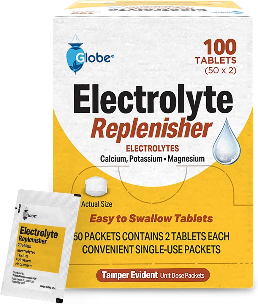 Globe Electrolyte Replacement Tablets for Rehydration, Excision Recovery, Youth & Adult Athletes, Πεζοπορία, Camping, & Sports Recovery and More... 50 Πακέτα 2 Tablets Κάθε ένα, 100 Count
