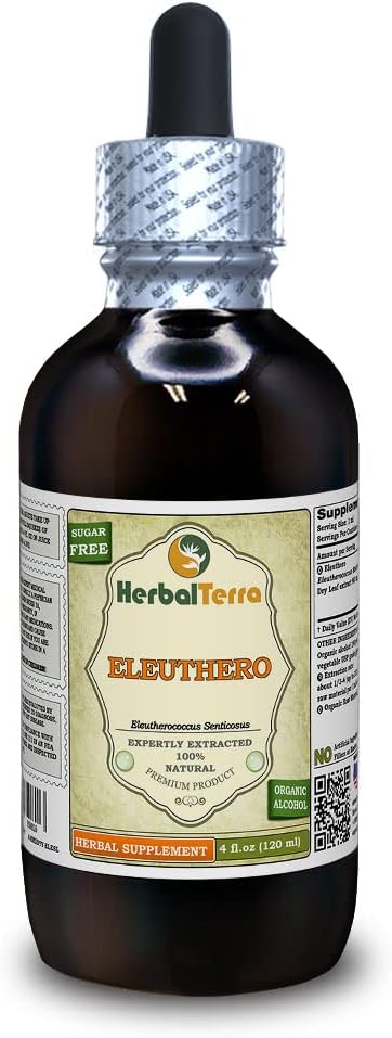 Eleuthero (Eleutherococcus Senticosus) Tincture, Dried Leaves Liquid Extract (Brand Name: HerbalTerra, Proudly Made in USA) 4 fl.oz (120 ml)