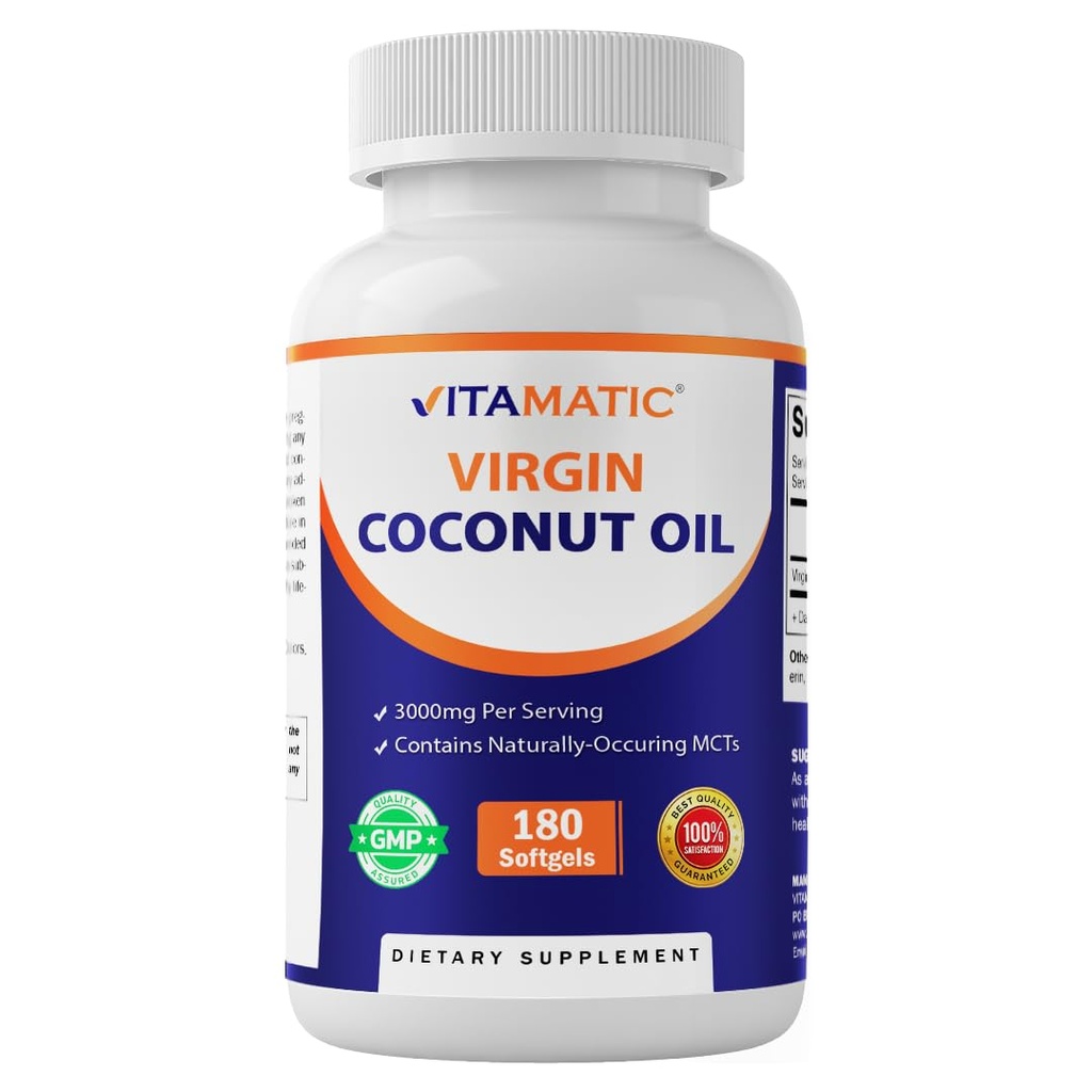 Vitamatic Virgin Coconut Oil Softgels, 3000 mg ανά υπηρεσία, 60 υπηρεσίες, 180 κόμης, μη ΓΤΟ, χωρίς γλουτένη