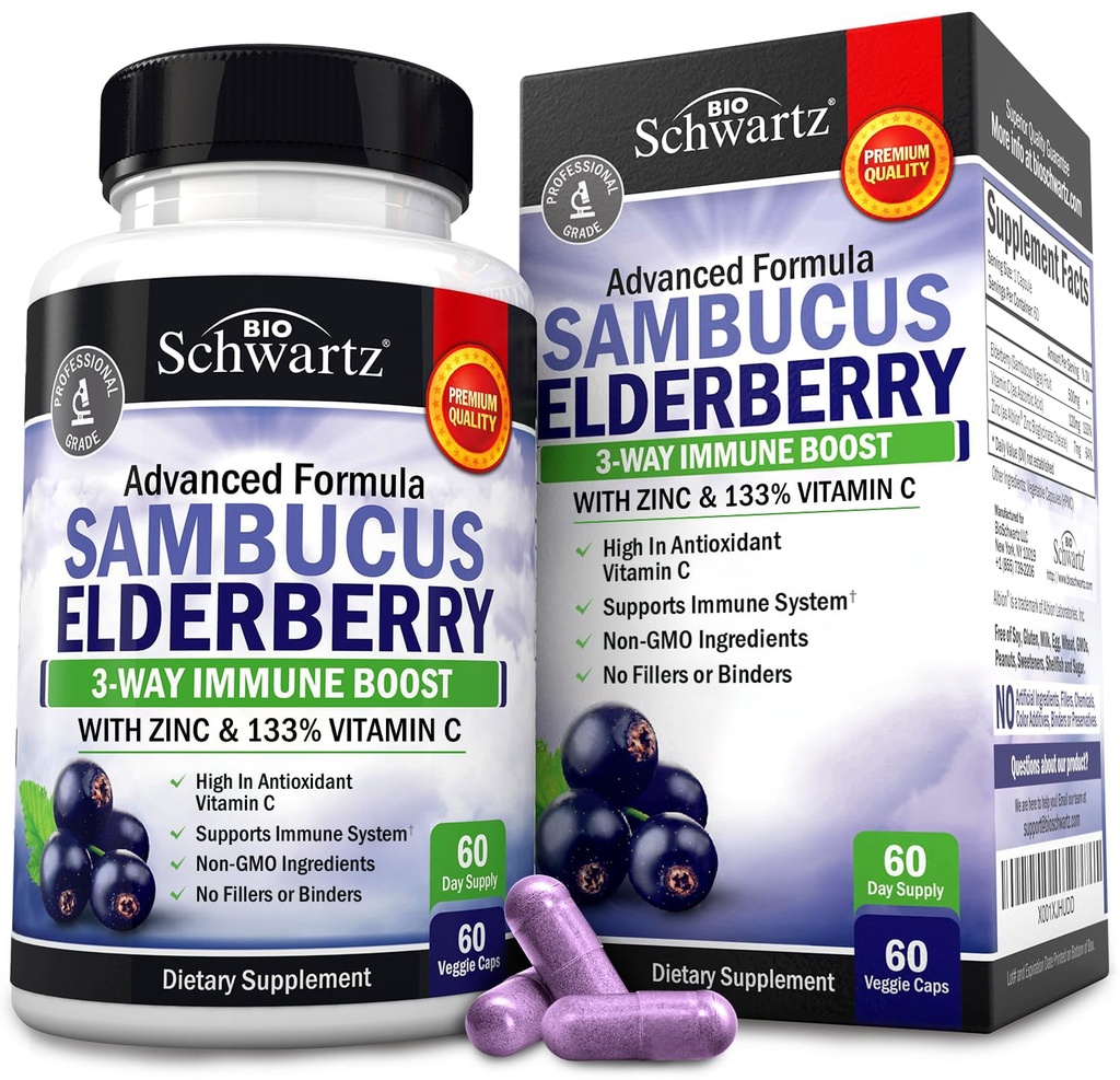 Κάψουλες Elderberry με ψευδάργυρο και βιταμίνη C για ενήλικες - Ανοσοποιητικές Βιταμίνες Υποστήριξης για γυναίκες και άνδρες - Black Sambucus Elderberry Vitamin C και ψευδάργυρος - Ανοσοποιητική άμυνα Multiminerals Συμπλήρωμα, 60 Count