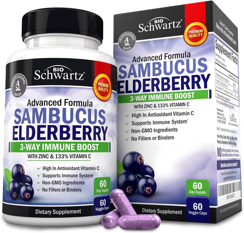 Elderberry Capsules with Zinc and Vitamin C for Adults - Immune Support Vitamins for Women and Men - Black Sambucus Elderberry Vitamin C and Zinc - Immune Defense Multiminerals Supplement, 60 Count