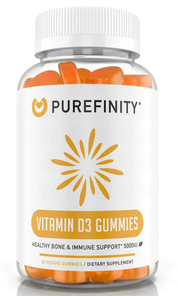PUREFINITY Βιταμίνη D3 5000 eu Gummies – Το ημερήσιο συμπλήρωμα βιταμίνης D για την υγεία των οστών, την ανοσοποιητική υγεία και την κοινή μυϊκή υποστήριξη για ενήλικες & παιδιά – Χωρίς γλουτένη, μη-GMO – 60 Veggie Gummies