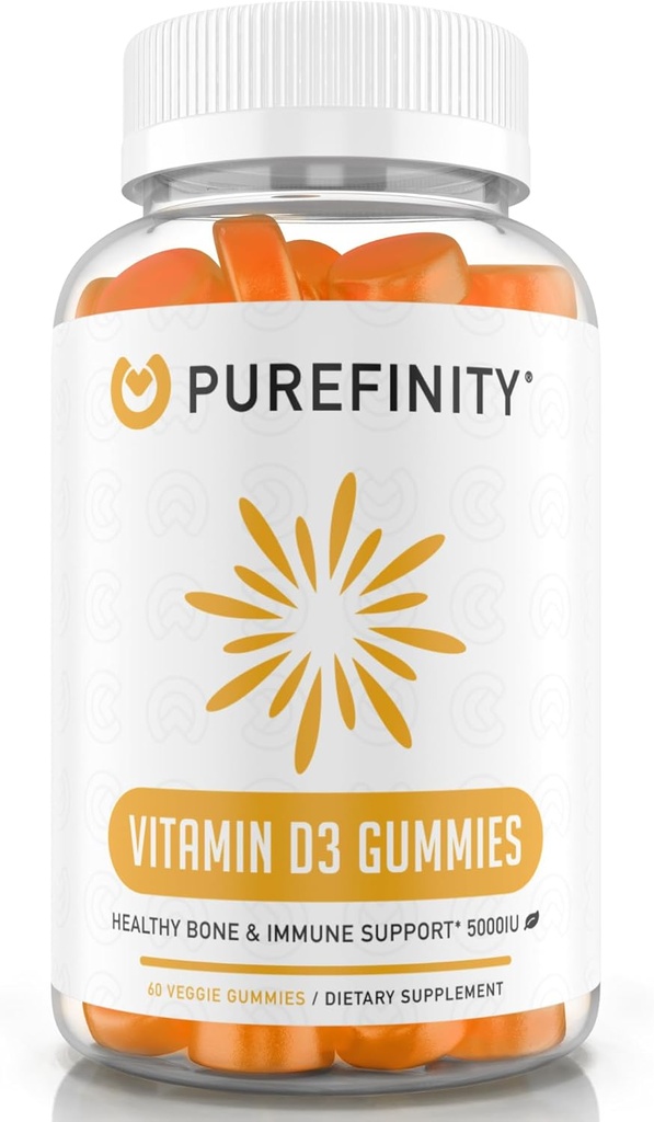 PUREFINITY Βιταμίνη D3 5000 eu Gummies – Το ημερήσιο συμπλήρωμα βιταμίνης D για την υγεία των οστών, την ανοσοποιητική υγεία και την κοινή μυϊκή υποστήριξη για ενήλικες & παιδιά – Χωρίς γλουτένη, μη-GMO – 60 Veggie Gummies