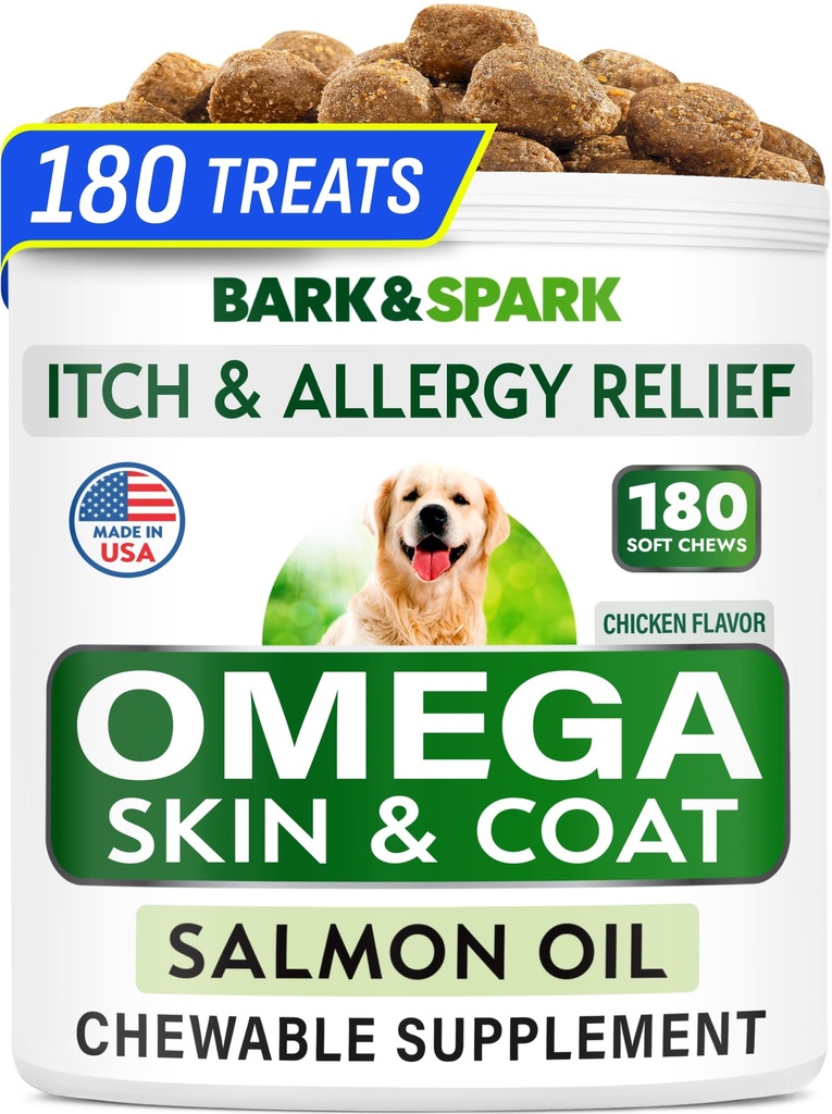 BARK&SPARK Omega 3 για σκύλους - 180 ιχθυέλαια Θεραπείες για σκυλοβόμβα, Αλλεργία του δέρματος μάσημα, Itch Relief, Hot Spots Θεραπεία - Κοινή Υγεία - Skin and Coat Supplement - EPA & DHA λιπαρά οξέα - λάδι σολομού