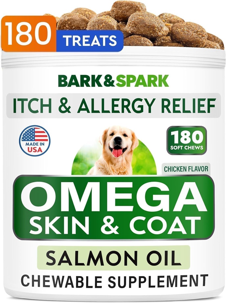 BARK&SPARK Omega 3 για σκύλους - 180 ιχθυέλαια Θεραπείες για σκυλοβόμβα, Αλλεργία του δέρματος μάσημα, Itch Relief, Hot Spots Θεραπεία - Κοινή Υγεία - Skin and Coat Supplement - EPA & DHA λιπαρά οξέα - λάδι σολομού