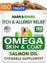 BARK&SPARK Omega 3 για σκύλους - 180 ιχθυέλαια Θεραπείες για σκυλοβόμβα, Αλλεργία του δέρματος μάσημα, Itch Relief, Hot Spots Θεραπεία - Κοινή Υγεία - Skin and Coat Supplement - EPA & DHA λιπαρά οξέα - λάδι σολομού