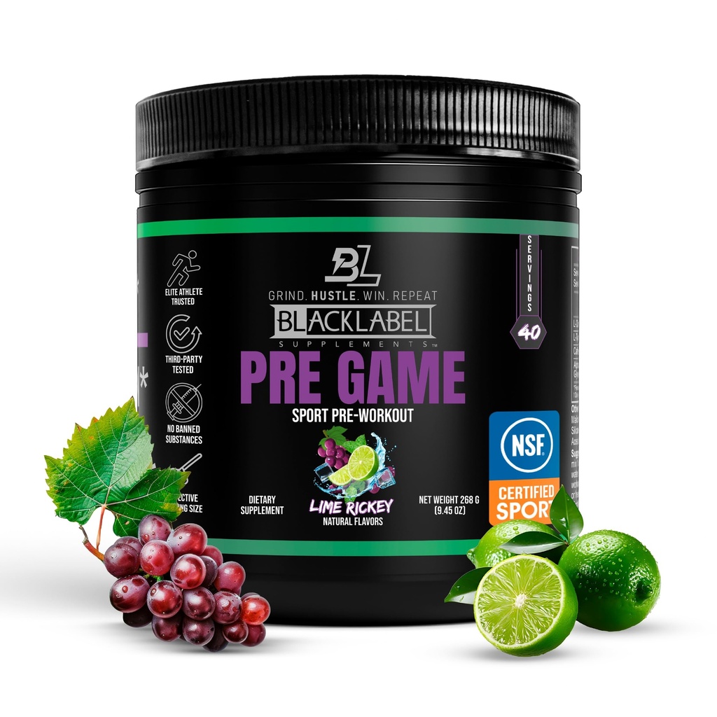 BLACKLABEL Συμπληρώματα PRE-Game Pre Workout Powder, Lime Rickey (40 Services) – NSF Certified for Sport – Προσαρμοζόμενο 150mg καφεΐνη για την ενέργεια και την εστίαση – Χαμηλή-διεγερτική Προεργασία για άνδρες και γυναίκες