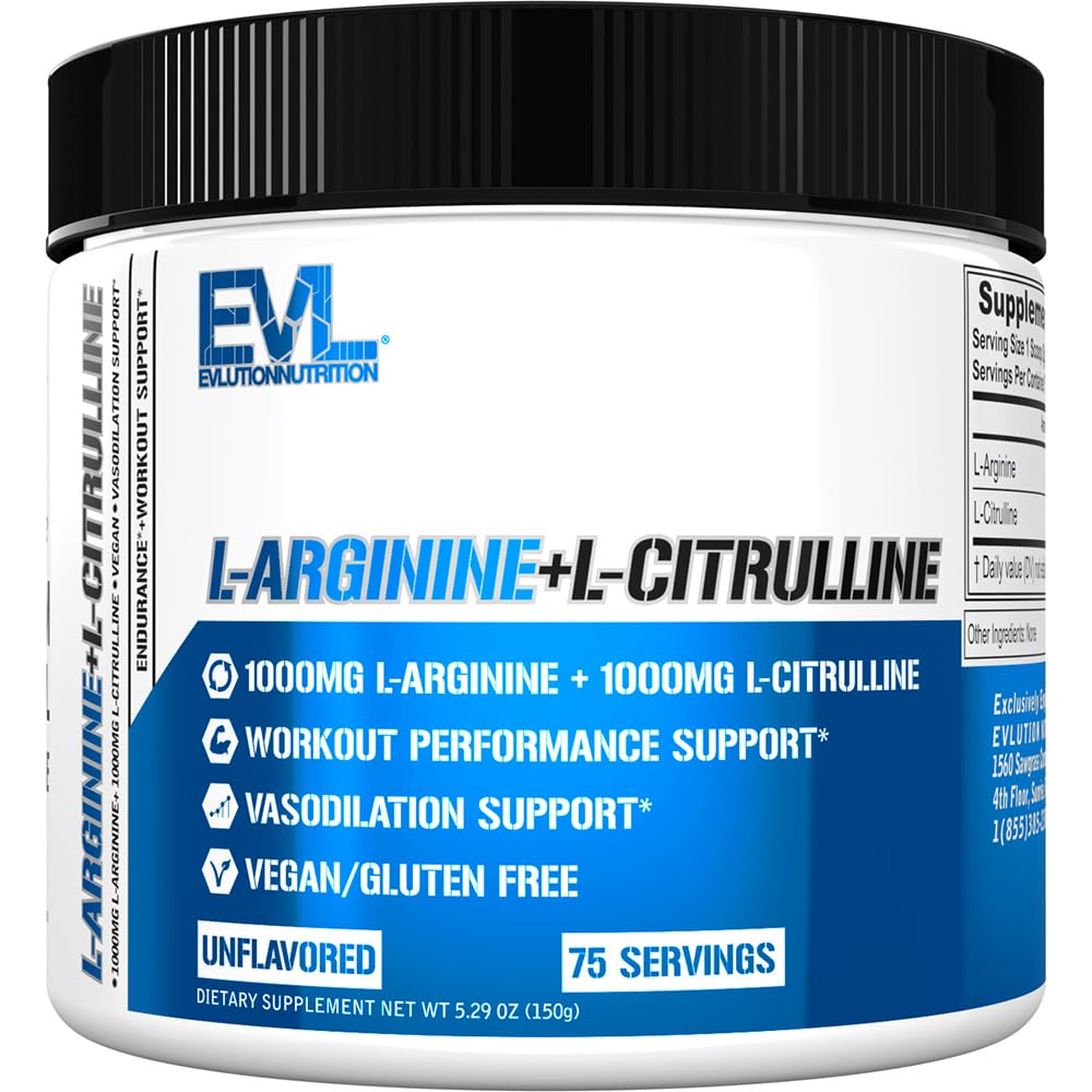 Διατροφή Evlution L-αργινίνη + L-Citrulline - Αντοχή + συμπλήρωμα απόδοσης προπόνησης - 2000mg Complex - Αγγειοδιαστολή + υποστήριξη νιτρικού οξειδίου - Vegan + Χωρίς γλουτένη σε σκόνη - 75 Σερβιέτες