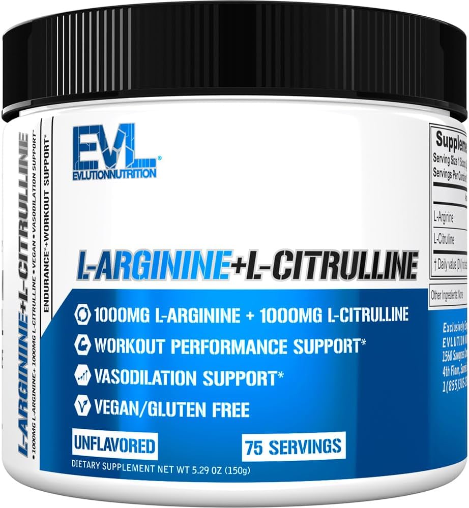 Διατροφή Evlution L-αργινίνη + L-Citrulline - Αντοχή + συμπλήρωμα απόδοσης προπόνησης - 2000mg Complex - Αγγειοδιαστολή + υποστήριξη νιτρικού οξειδίου - Vegan + Χωρίς γλουτένη σε σκόνη - 75 Σερβιέτες