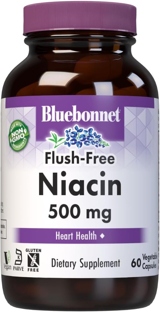 Bluebonnet Nutrition Flush-Free Niacin 500mg, για διατροφική καρδιοαγγειακή υποστήριξη*, χωρίς σόγια, χωρίς γλουτένη, χωρίς γλουτένη, Kosher Certified, χωρίς γαλακτοκομικά, Vegan, 60 κάψουλες λαχανικών, 60 Servings