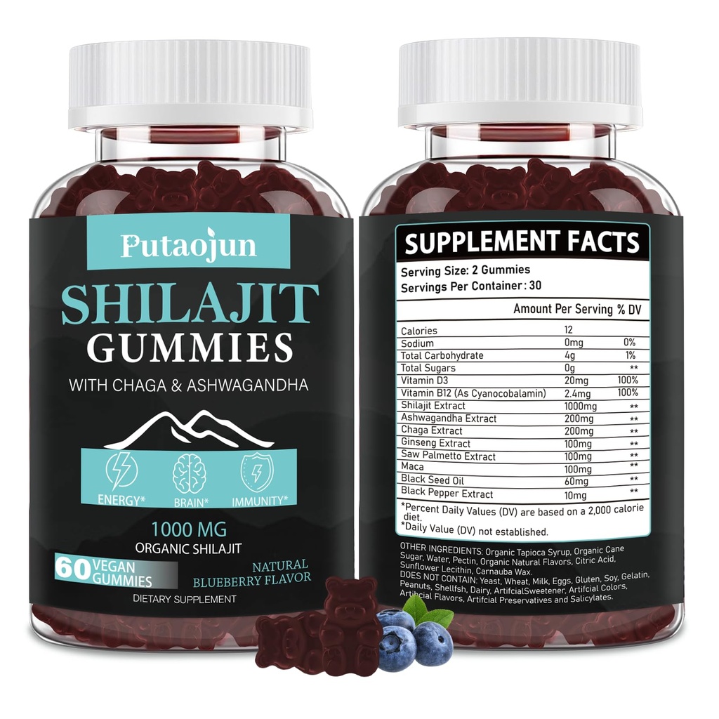 Shilajit για τον άνθρωπο, τη γυναίκα και το παιδί.Himalayan Gold Shilajit Gummies.1000mg Shilajit,200mg Ashwagandha,200mg Chaga,100mg Ginseng,100mg Saw Palmatto,60mg Μαύρο Έλαιο Σπόρου